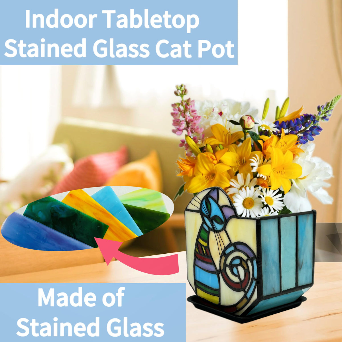 Entlityful stained glass cat pot drainage tray detail; supports healthy watering