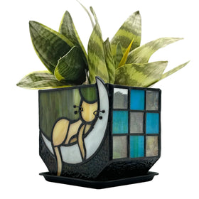 Entlityful Tiffany moon cat planter on indoor table with colorful glass accents