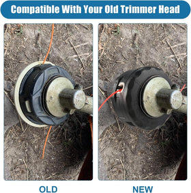 Trimmer head in action on tall grass and edge lines to illustrate use cases.
