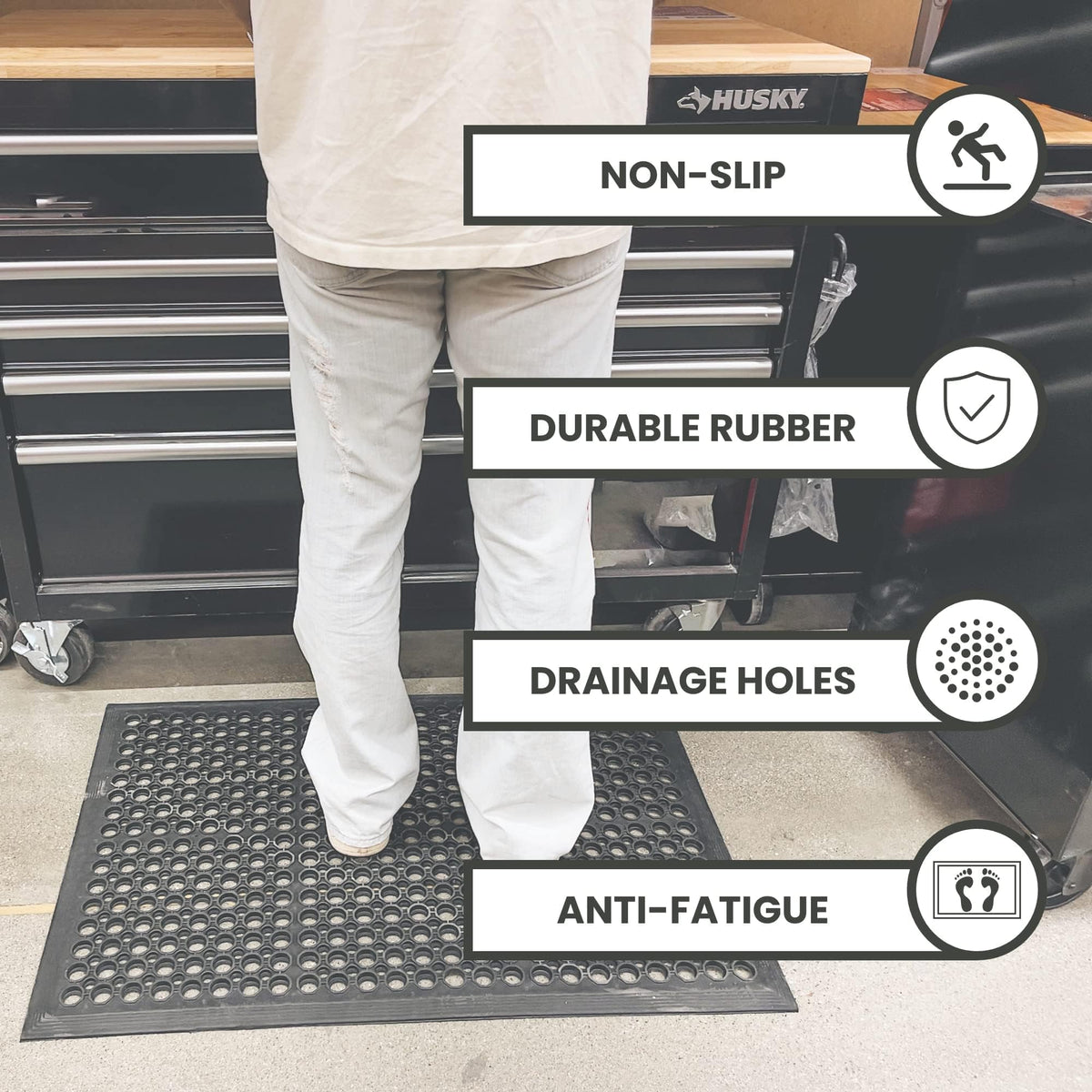 Envelor drainage kitchen mat keeps water and debris away from floors.