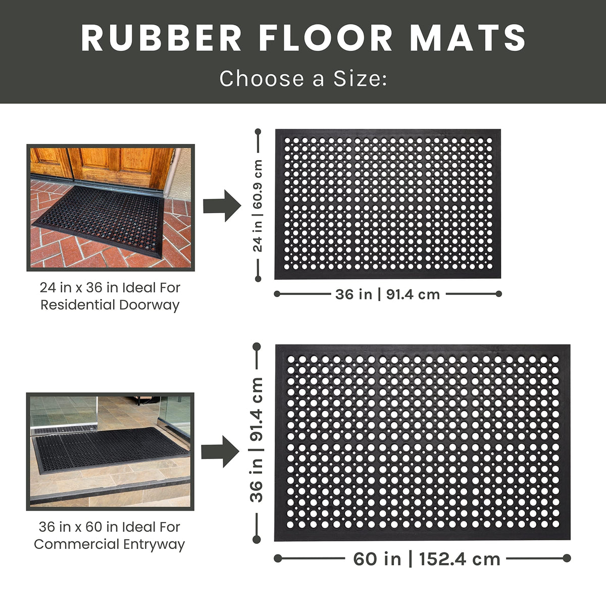 Envelor perforated rubber outdoor mat traps dirt at entry.