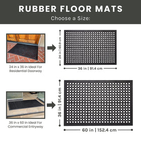 Envelor perforated rubber outdoor mat traps dirt at entry.