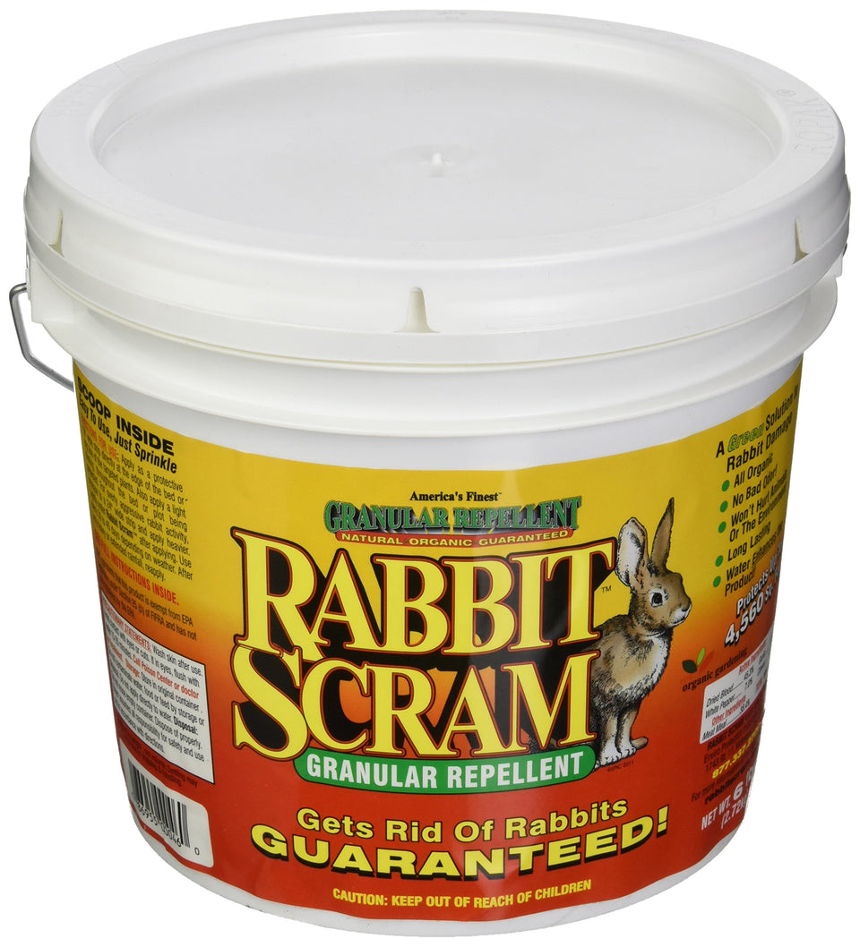 Enviro Pro Rabbit Scram granular white pail ready for outdoor application to deter rabbits.