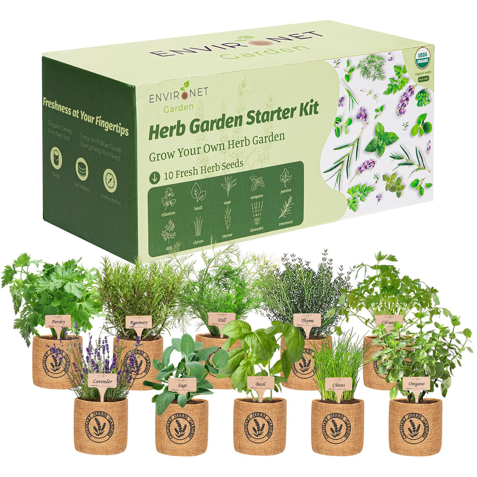 Environet 10-pot indoor herb kit with burlap pots on a sunny window for fresh herbs.