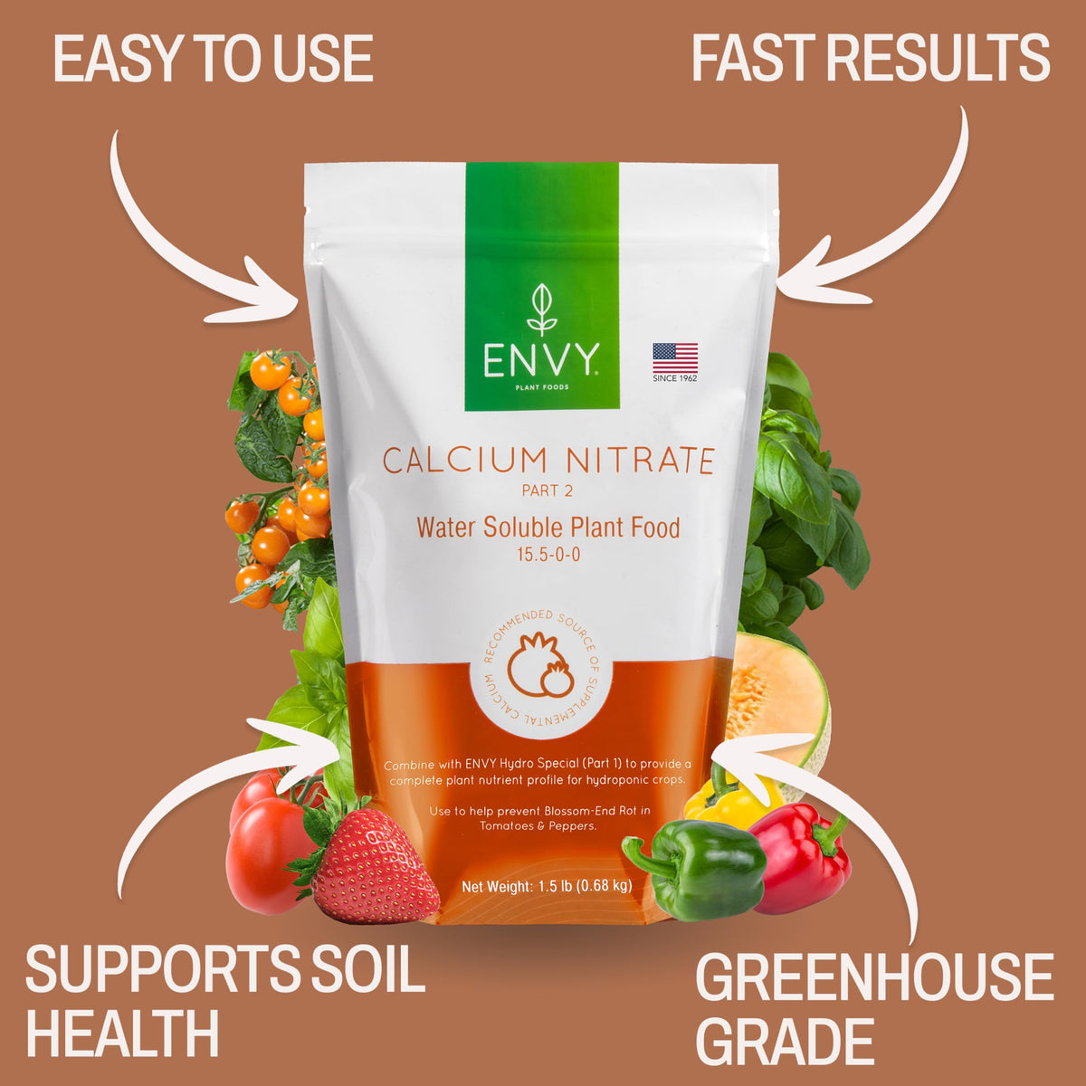 ENVY calcium nitrate 3 lb pouch label showing purity and nutrients.