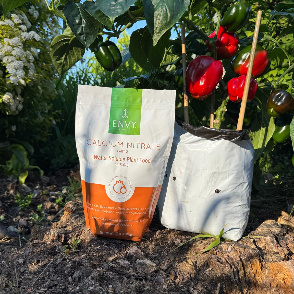 Recloseable ENVY pouch showing convenient storage for calcium nitrate.