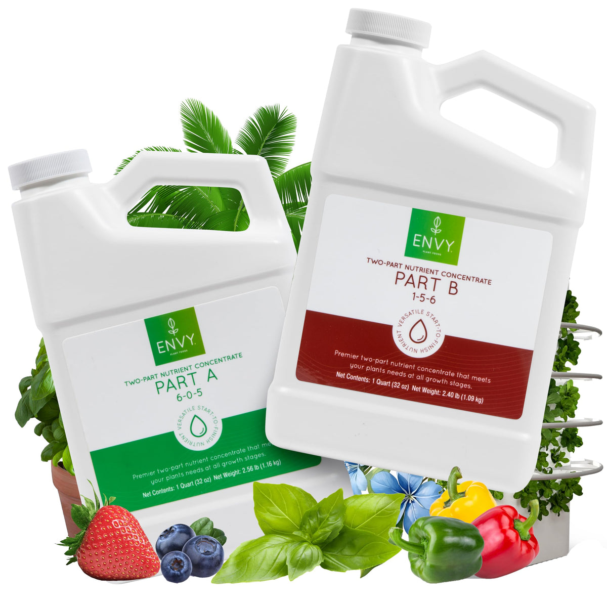 ENVY A & B bottles shown for two-part feeding in indoor and outdoor gardens.