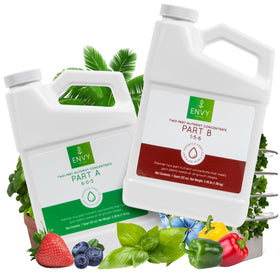ENVY A & B bottles shown for two-part feeding in indoor and outdoor gardens.