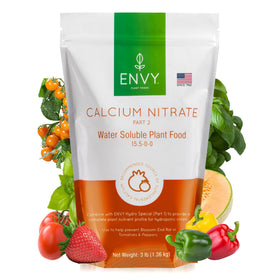 ENVY Calcium Nitrate bottle helps prevent blossom end rot in tomatoes and peppers.