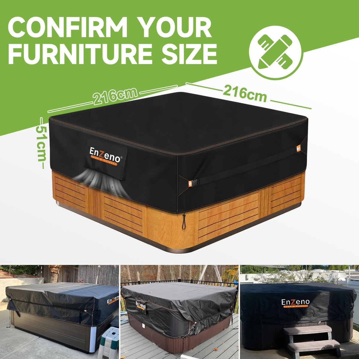 Enzeno size-fit guidance helps you choose the right cover for 84x84 to 7 ft tubs.