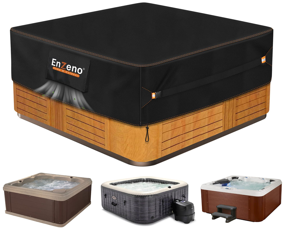 Enzeno outdoor spa cover highlights waterproof seams for reliable rain protection.