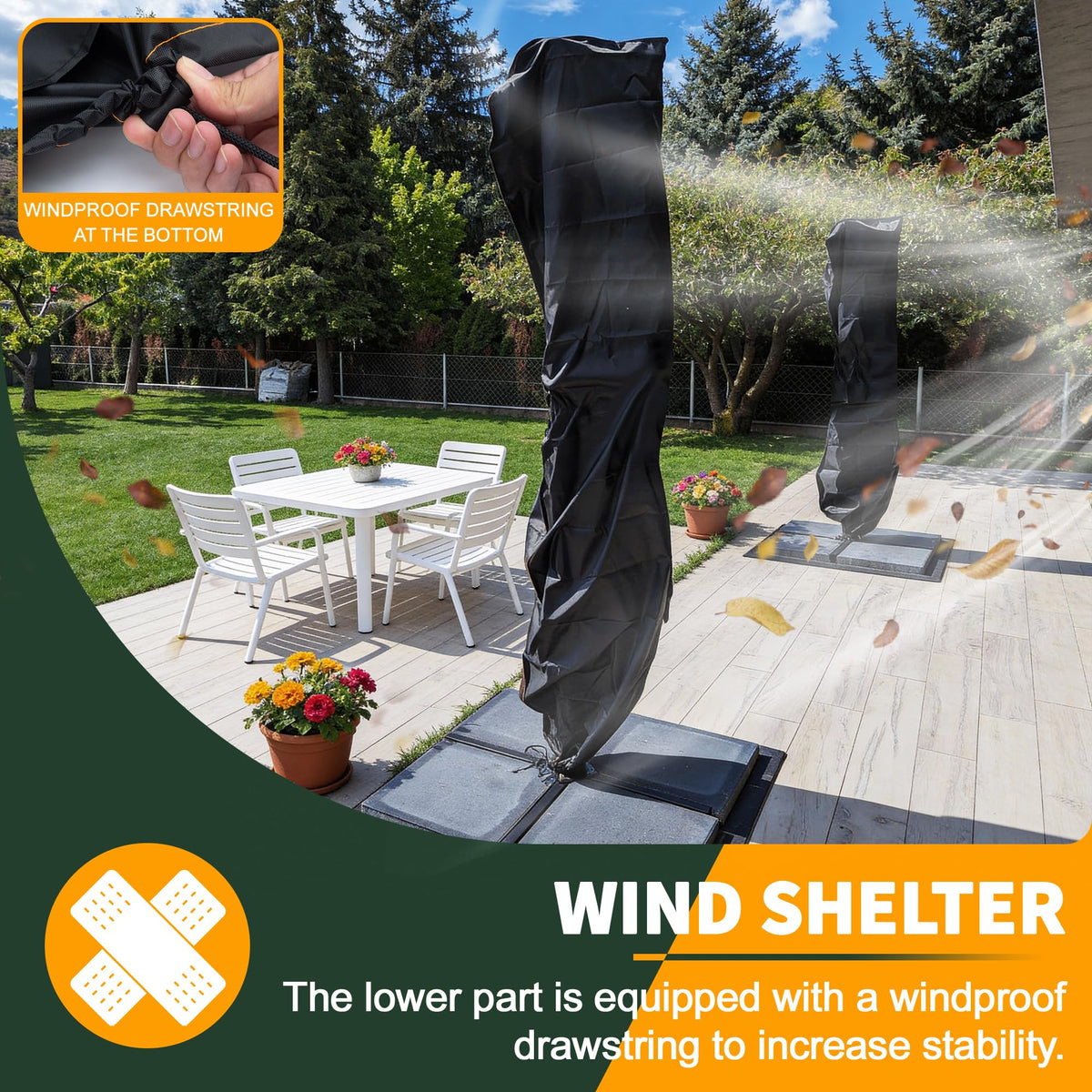 Enzeno cover shows windproof drawstring securing the lid against breezes.