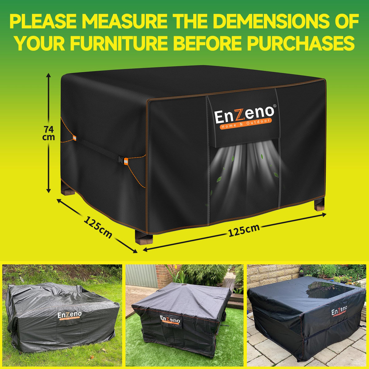 Enzeno weatherproof square cover protecting outdoor furniture in all seasons.
