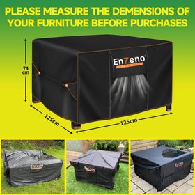 Enzeno weatherproof square cover protecting outdoor furniture in all seasons.