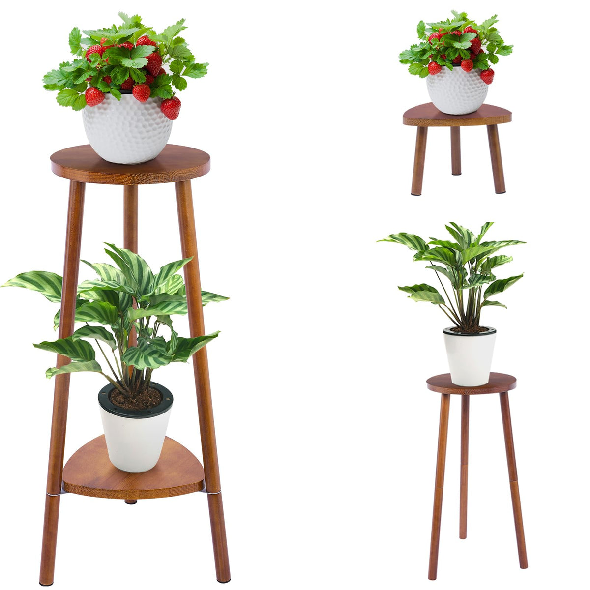 Eocogup tall wooden plant stand in walnut finish for space-saving display.