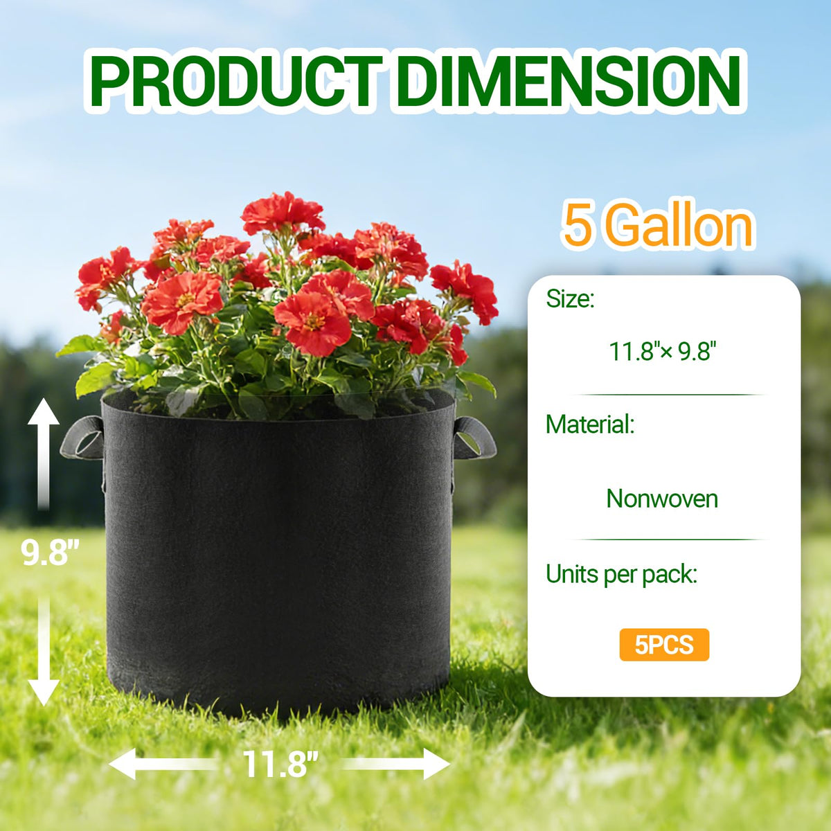 EOKOICA breathable fabric grow bag highlighting 300g material for durability.