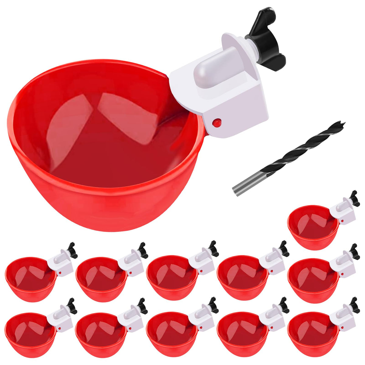 EOKOICA chicken waterer cups-12-pack red large for automatic coop hydration.