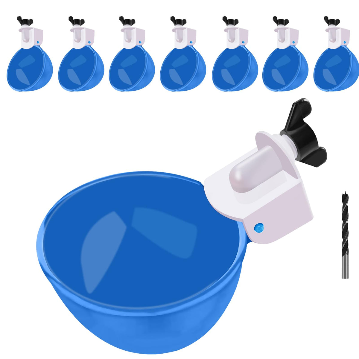 EOKOICA chicken waterer cups blue 8-pack provide steady hydration for the flock.