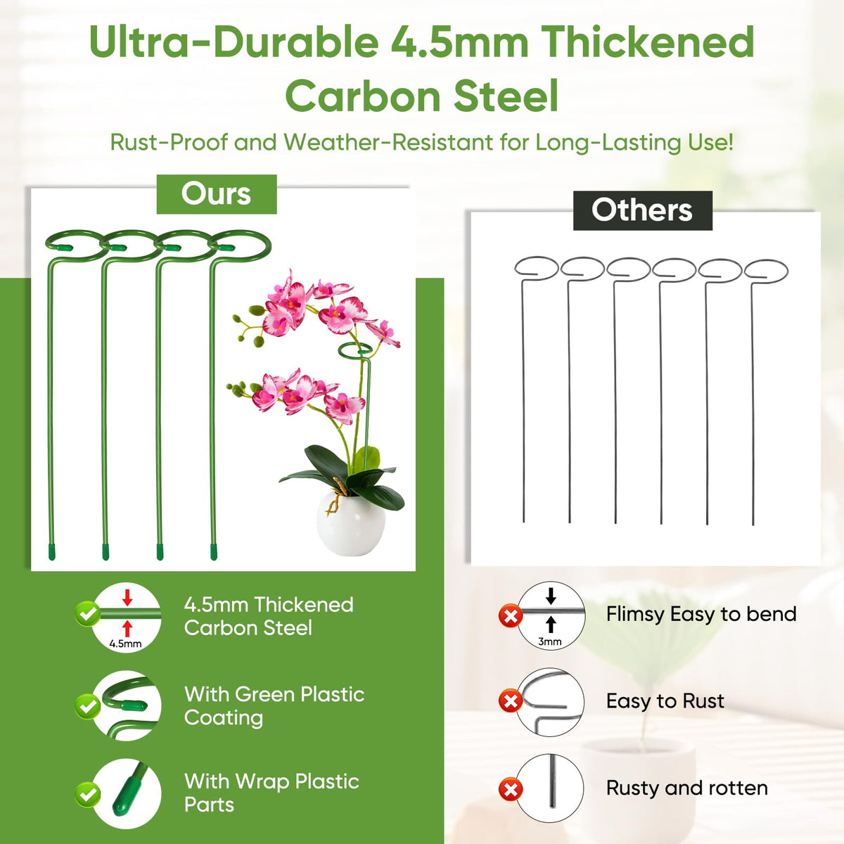 EOMEOH deep-green coated stake blends with foliage for discreet support.