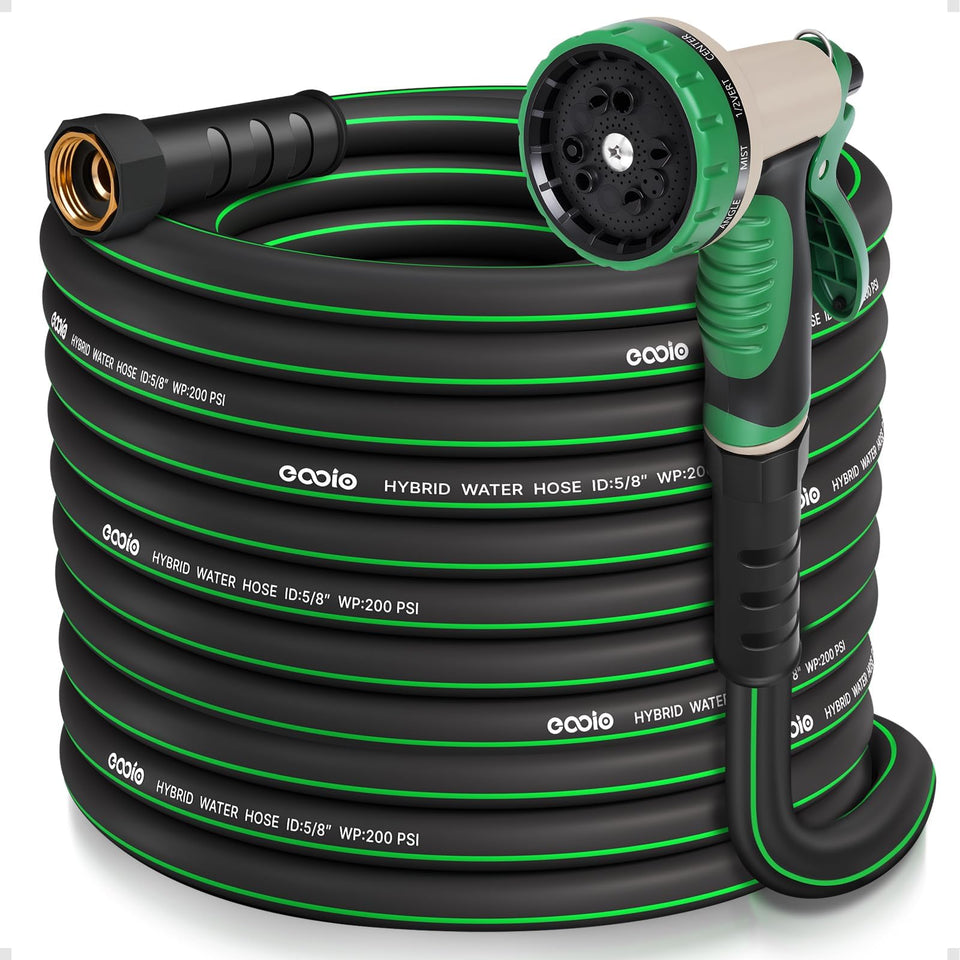 EOOIO garden hose 50ft with nozzle for versatile, efficient watering tasks.