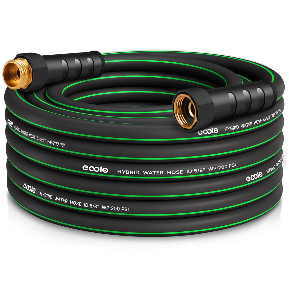 EOOIO heavy-duty garden hose coiled for easy storage and transport.