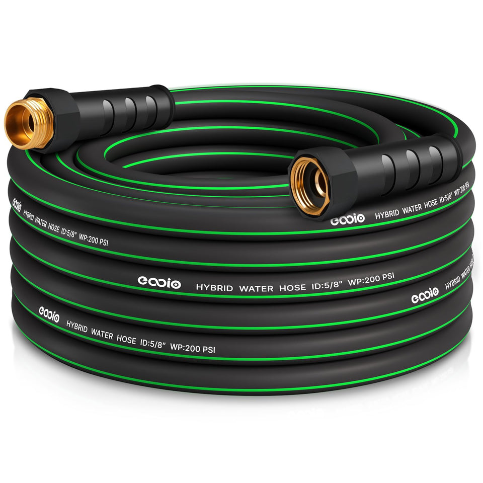 EOOIO heavy-duty garden hose coiled for easy storage and transport.