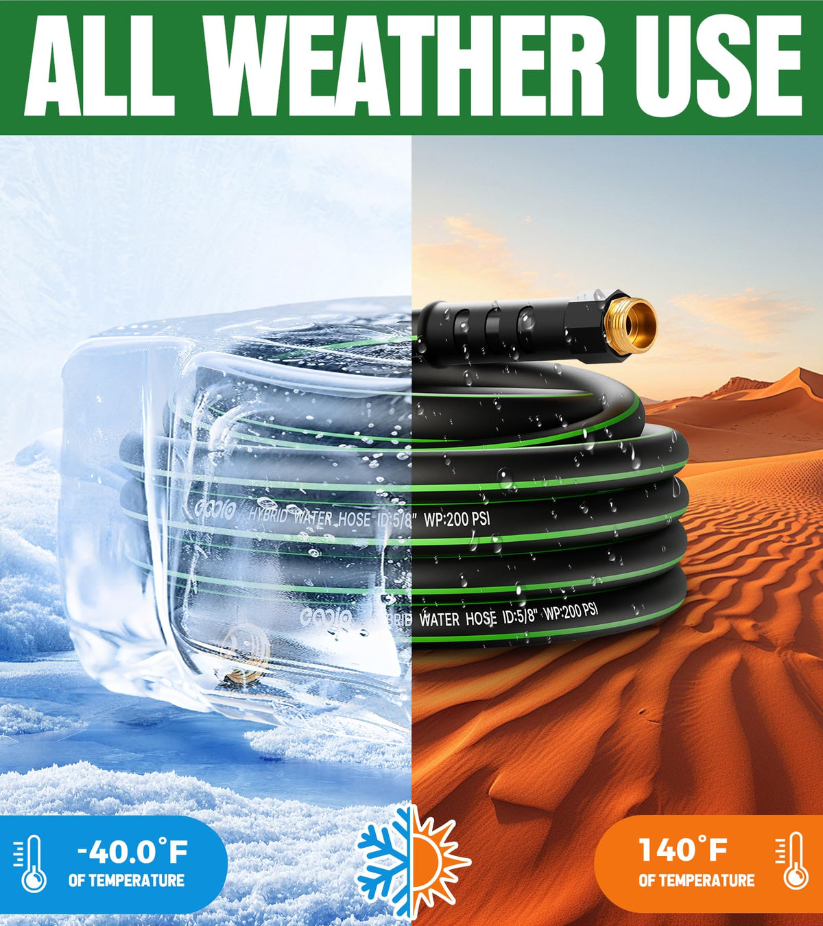 EOOIO heavy-duty garden hose 35ft two-ends connectors simplify attachment to spigot.