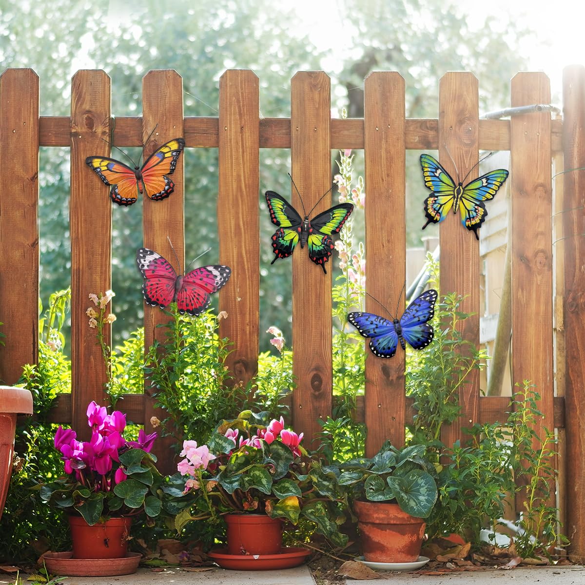 Bright colors catch sun; EOORAU butterflies bring lively yard accents.
