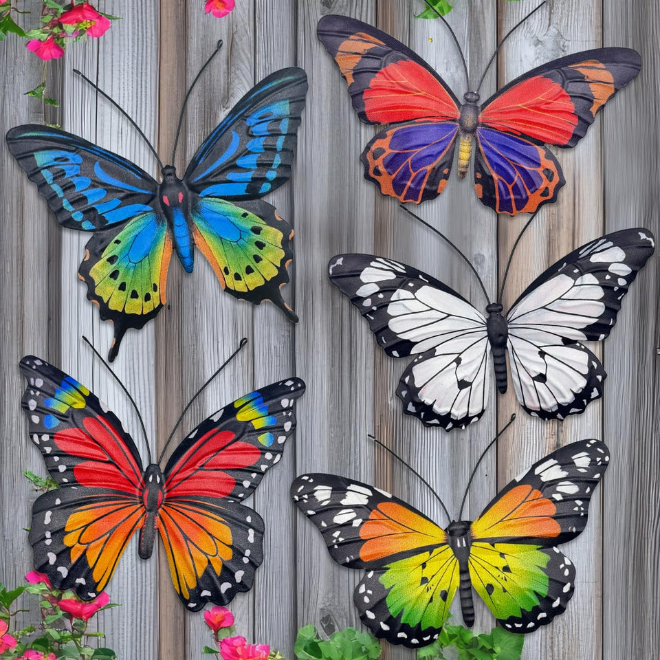 EOORAU metal butterfly wall art 5-pack adds vibrant color to gardens and patios.