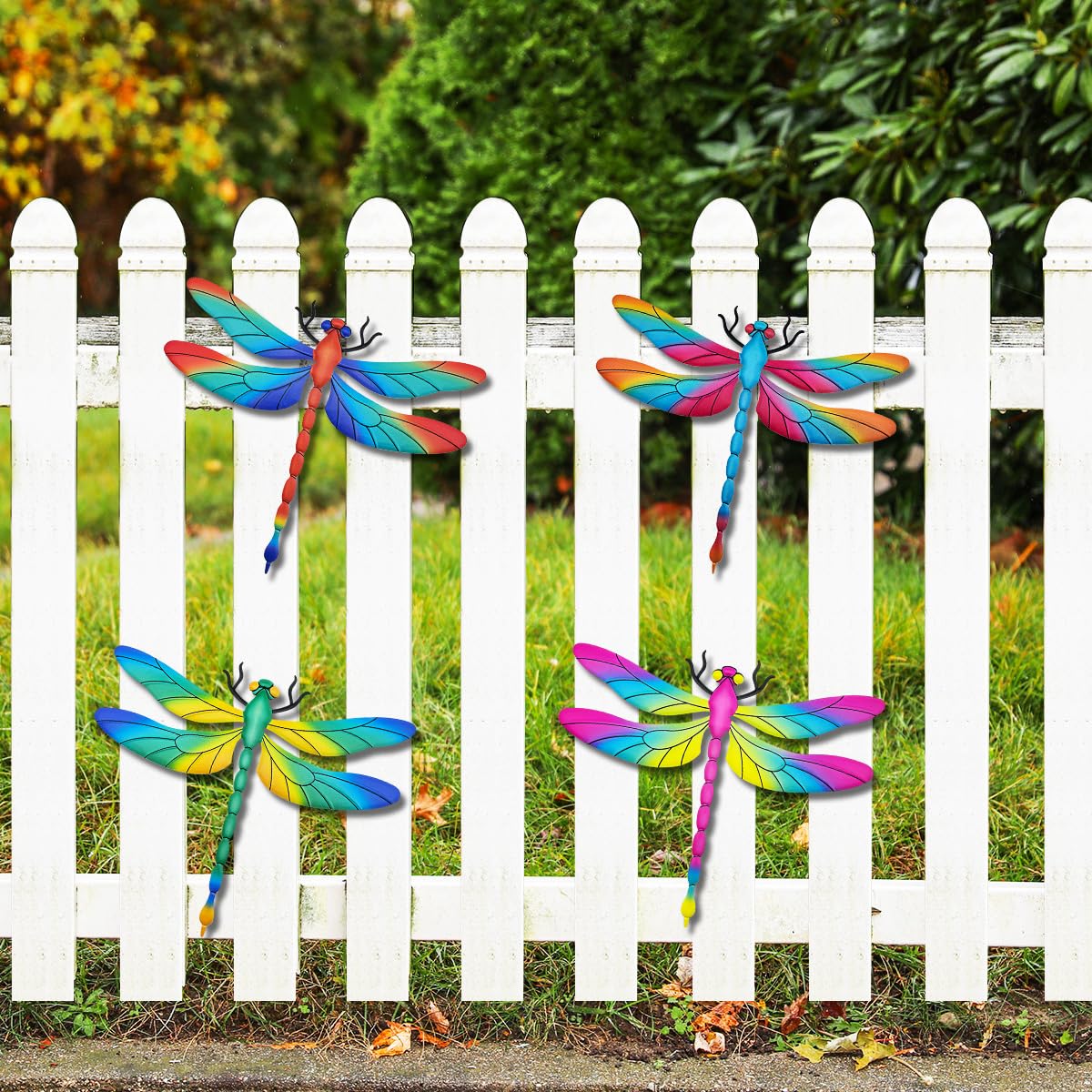 EOORAU metal dragonfly wall decor 4-pack blue on patio wall, bright outdoor art