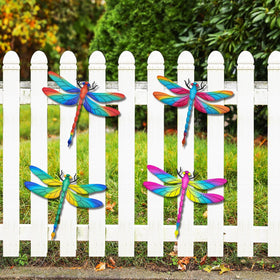 EOORAU metal dragonfly wall decor 4-pack blue on patio wall, bright outdoor art