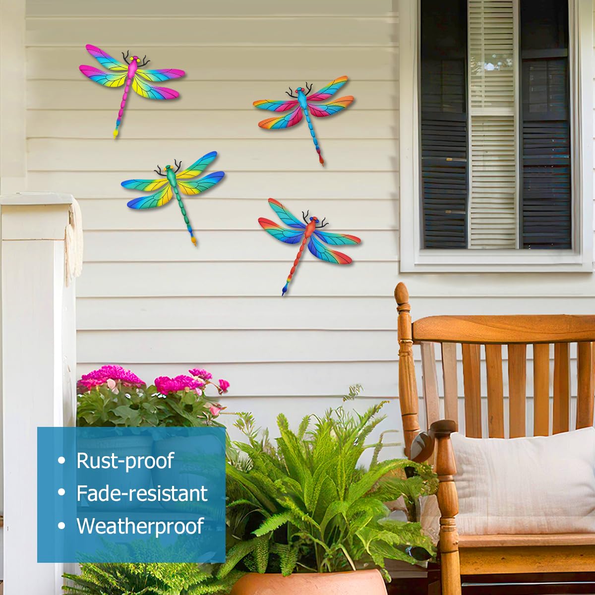 EOORAU colorful dragonfly wall sculpture green tones on exterior wall