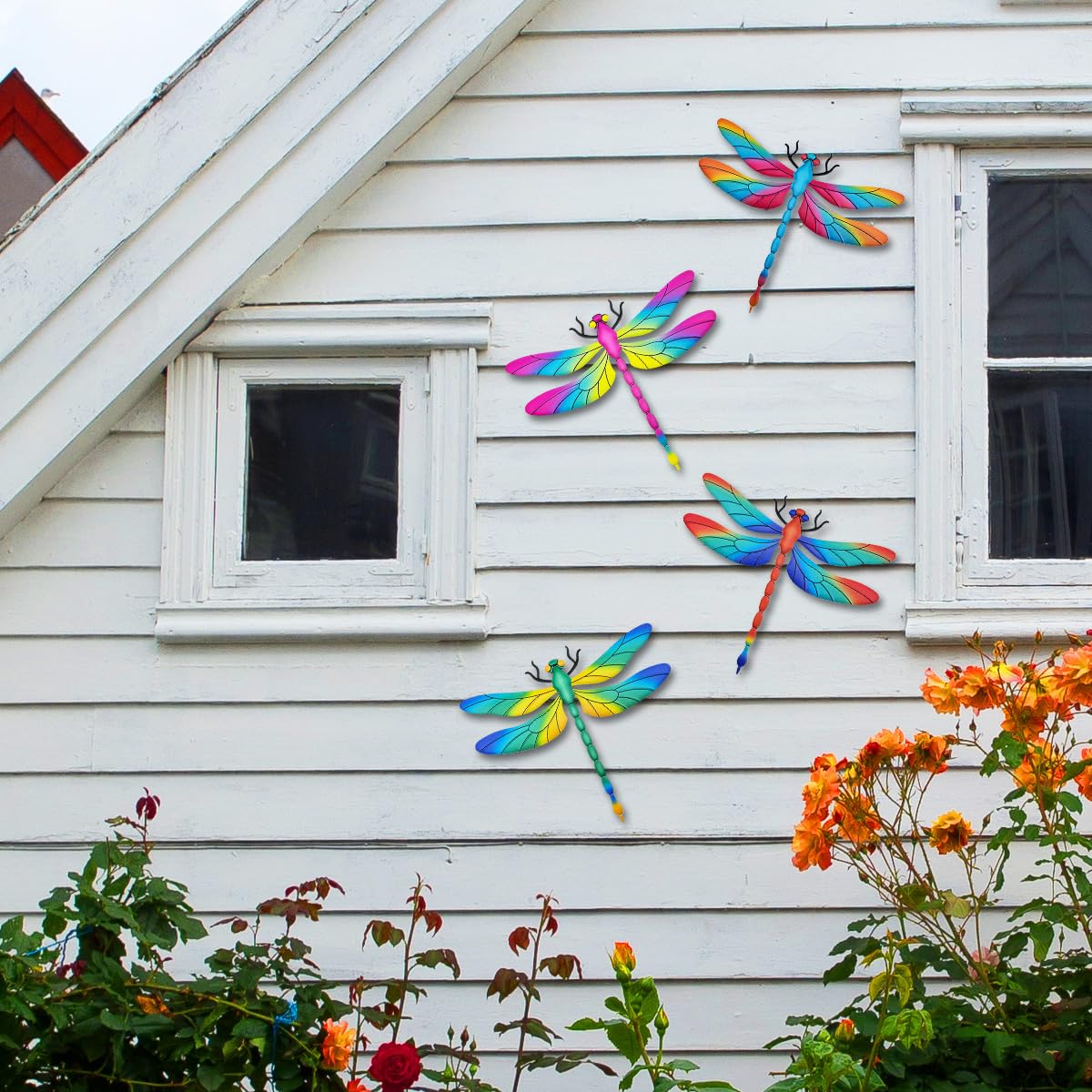 EOORAU outdoor dragonfly wall art orange hues on entryway, weatherproof