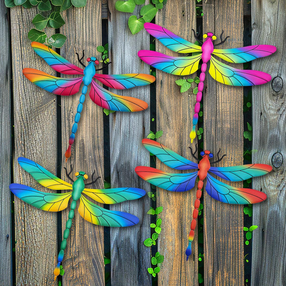 EOORAU metal dragonfly wall decor 4-pack yellow on garden fence, colorful outdoor accent