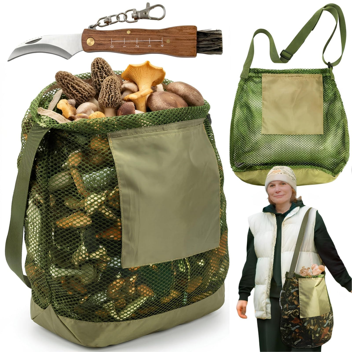 Eorbow foraging bag with knife keeps mushrooms organized during outdoor hunts