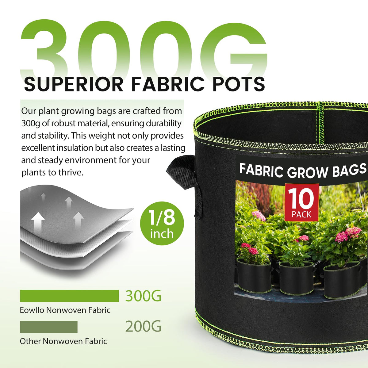 Double-knitted handles on Eowllo grow bags for easy transport.