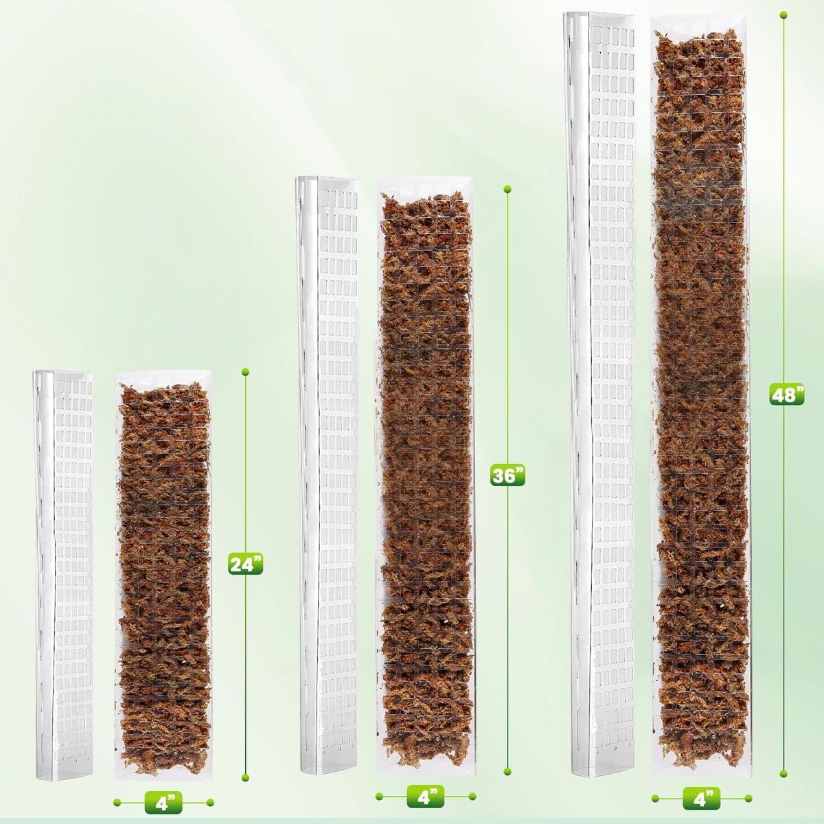 EOX plastic D-shaped moss pole assembly provides stable vertical support.