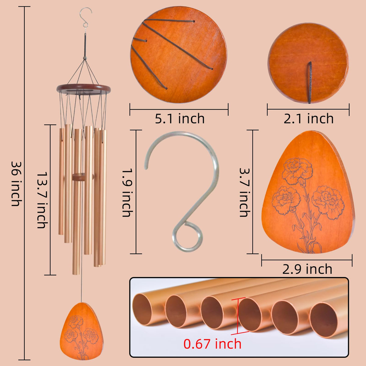 EPARTSWIDE 35-inch Moms Wind Chimes closeup wood finish highlights craftsmanship.