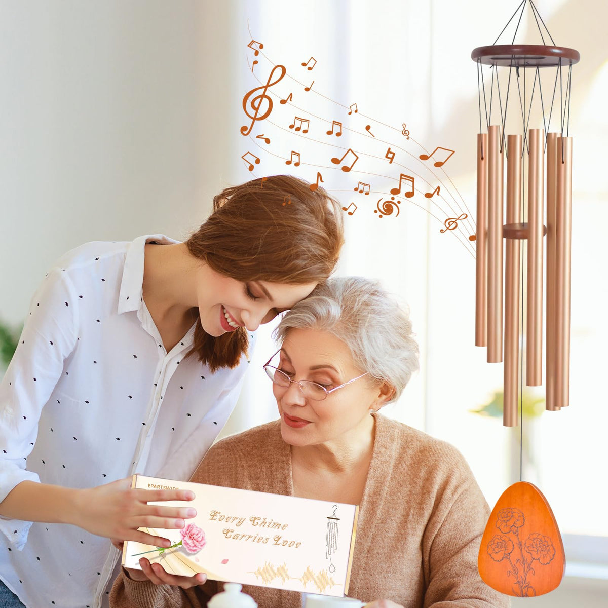 EPARTSWIDE 35-inch Moms Wind Chimes outdoor corner hangs near plants and seating.