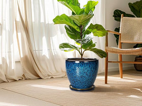 EPFamily planter with saucer in dusty blue suitable for outdoor spaces.