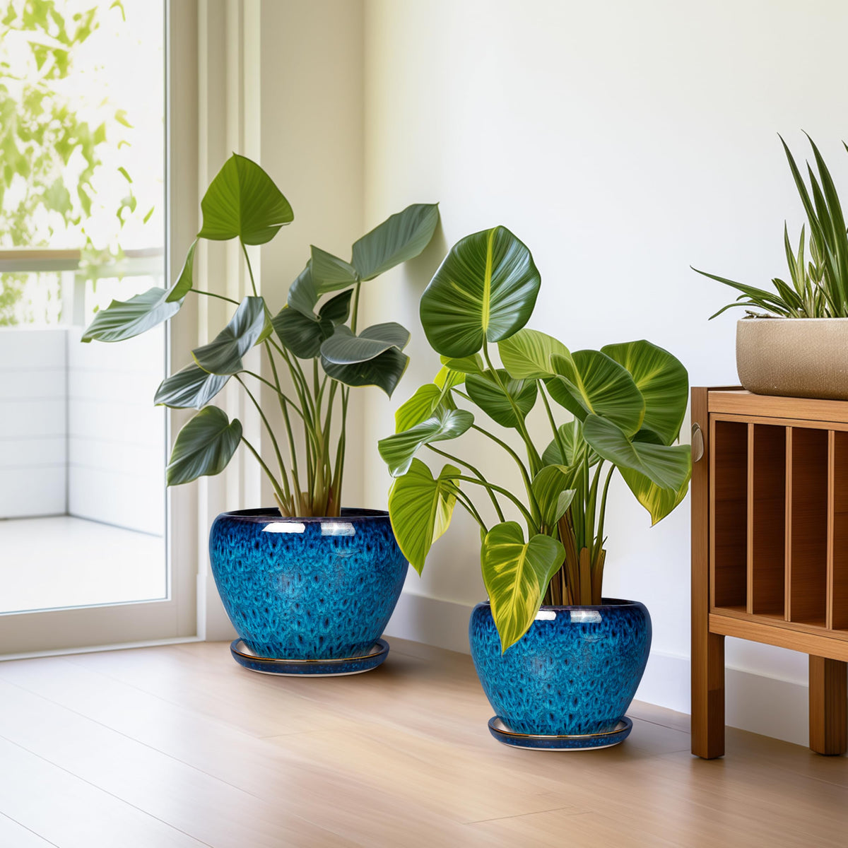 EPFamily blue glaze finish on planter adds vintage-modern aesthetic