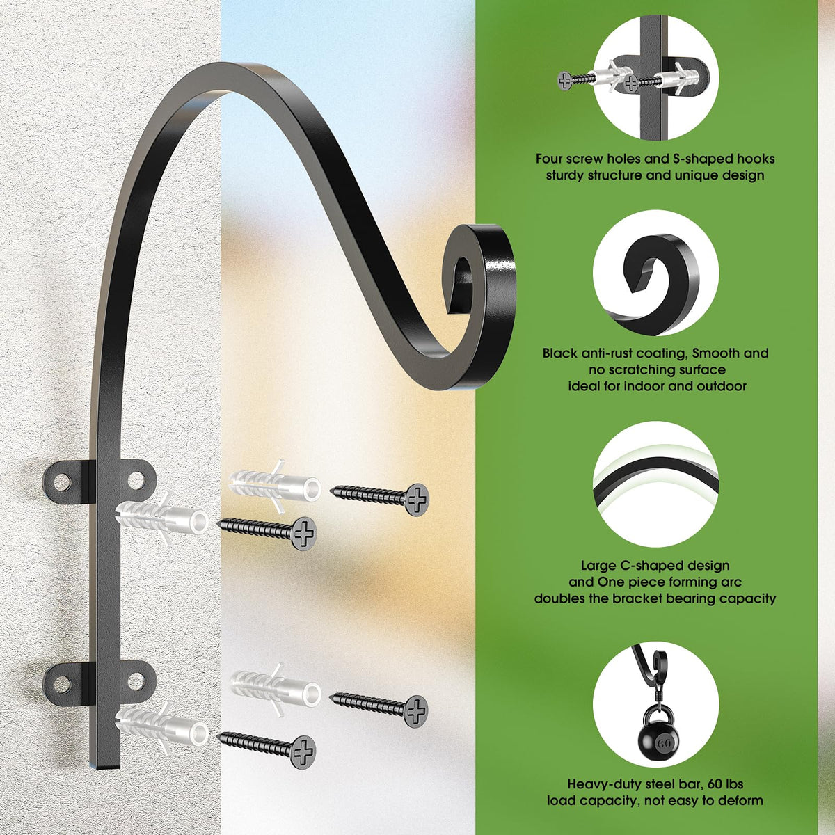 EPHECH curved-iron hanger with four-hole mount for strong support