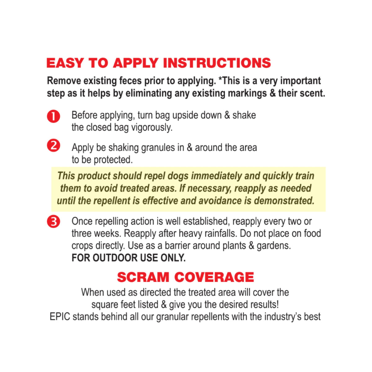 EPIC REPELLENTS Dog Scram close-up shows natural granules ready for outdoor use