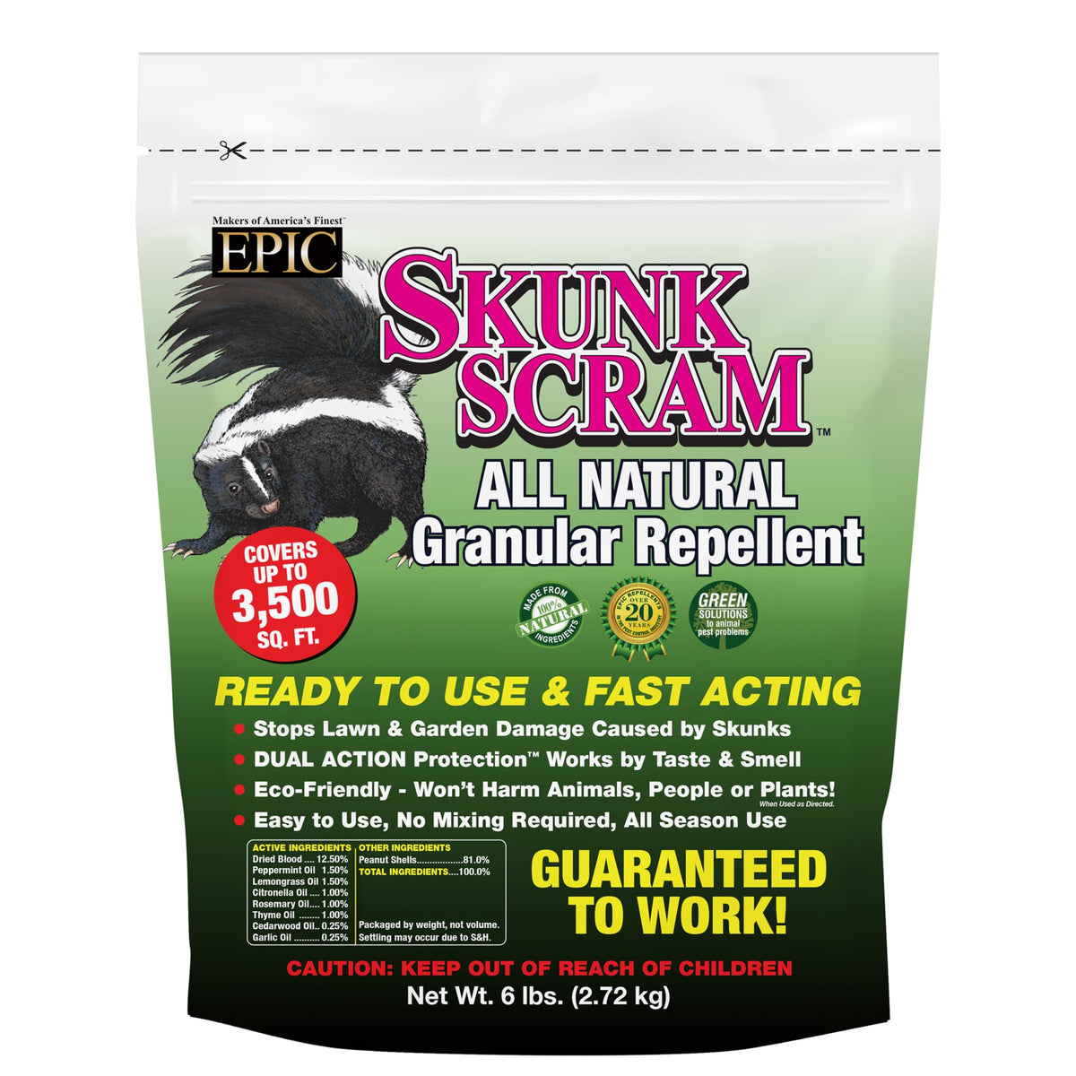 EPIC REPELLENTS Skunk Scram bag ready to protect lawns from skunk damage.