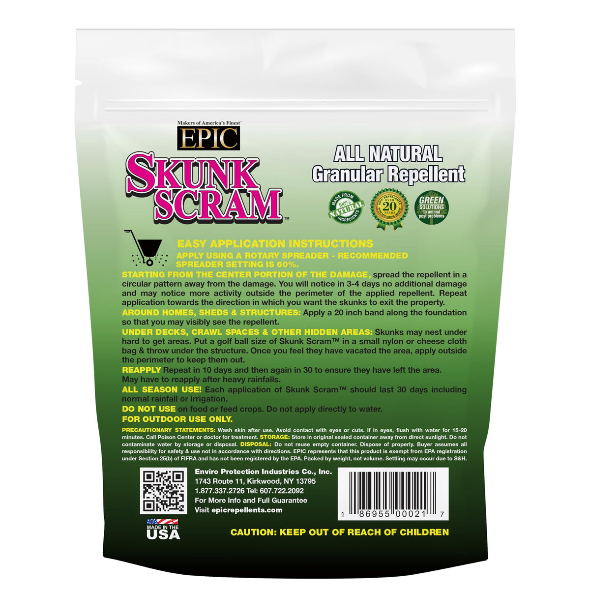 EPIC REPELLENTS Skunk Scram granules shown for perimeter application to deter skunks from treated areas.