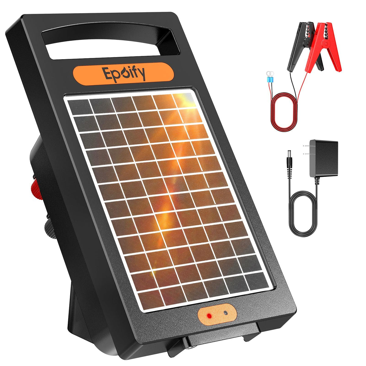Epoify 24Hour solar fence energizer front view for portable pasture protection.