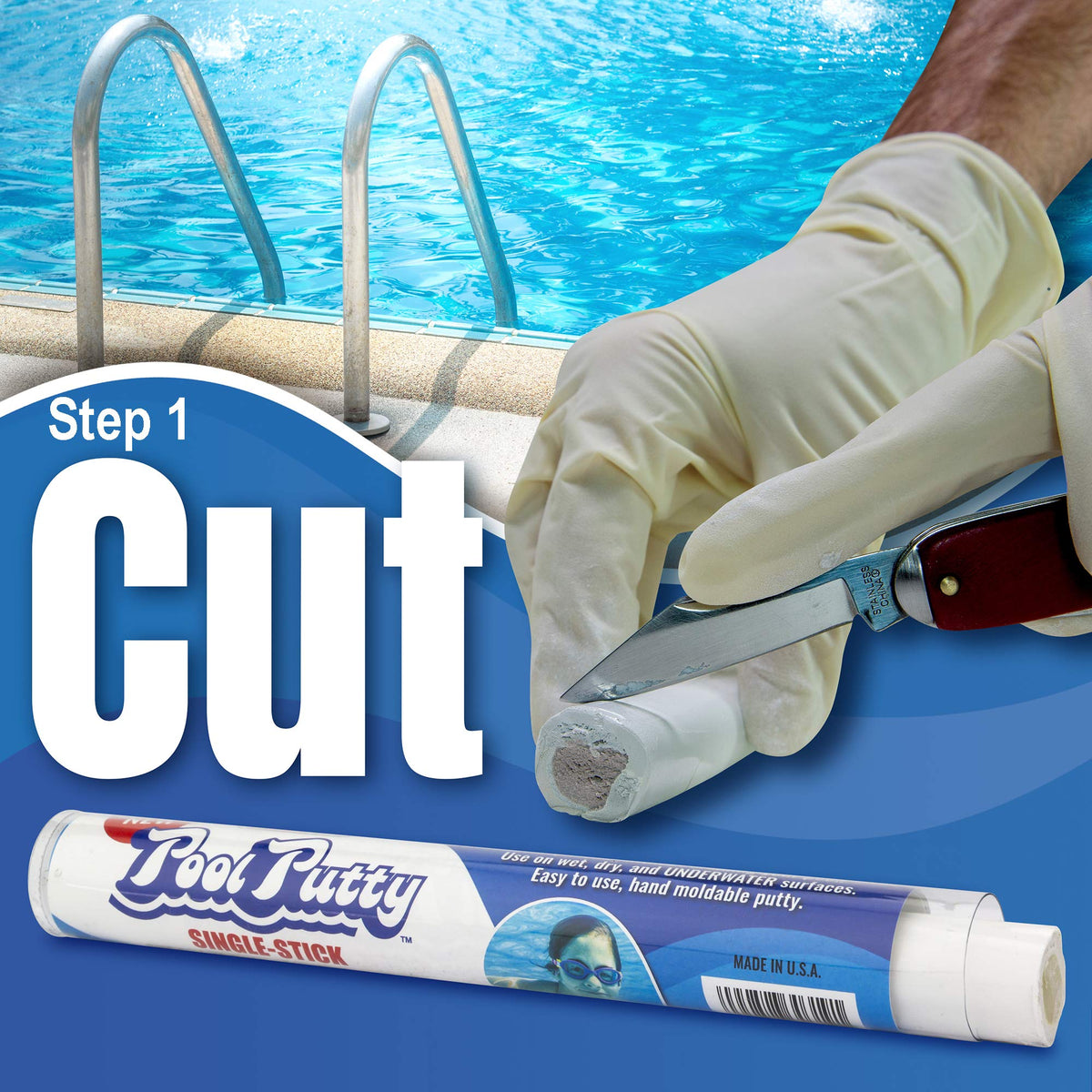 Epoxybond Pool Putty crack filling above water prevents leaks.