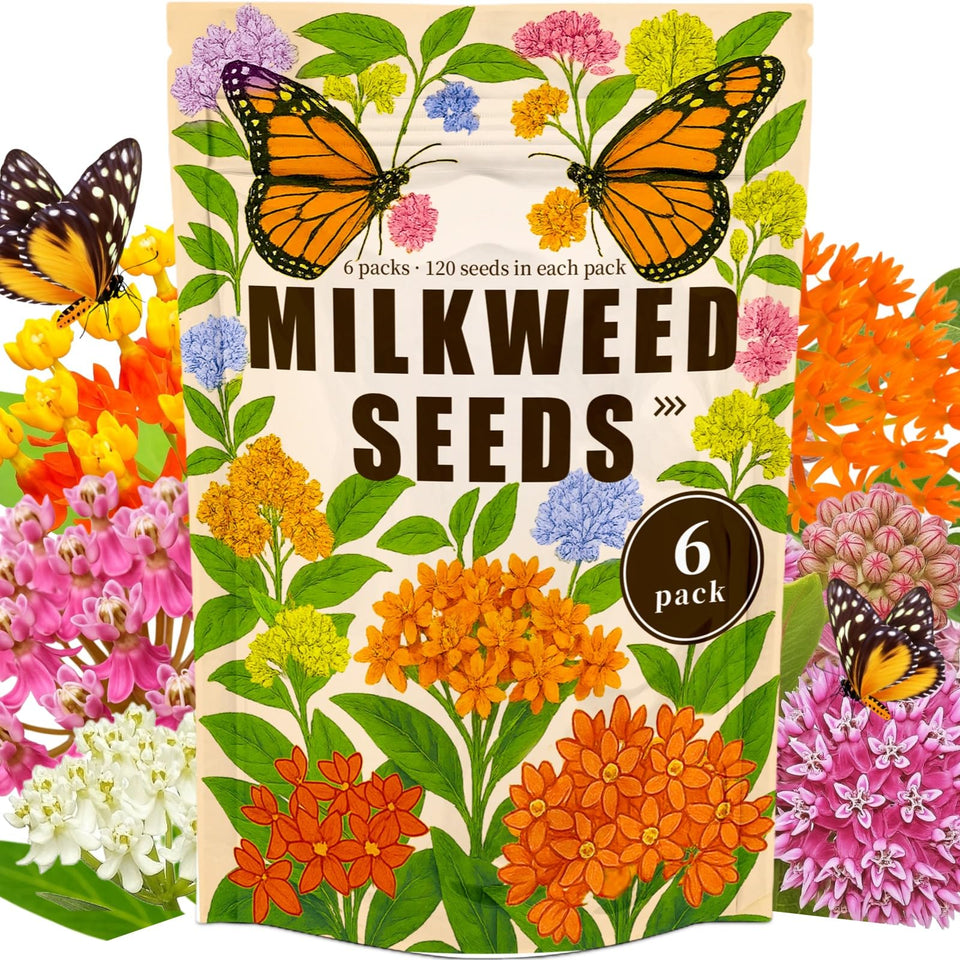 EquSym Mix Milkweed Seeds packaging shows six varieties for a pollinator-friendly garden.