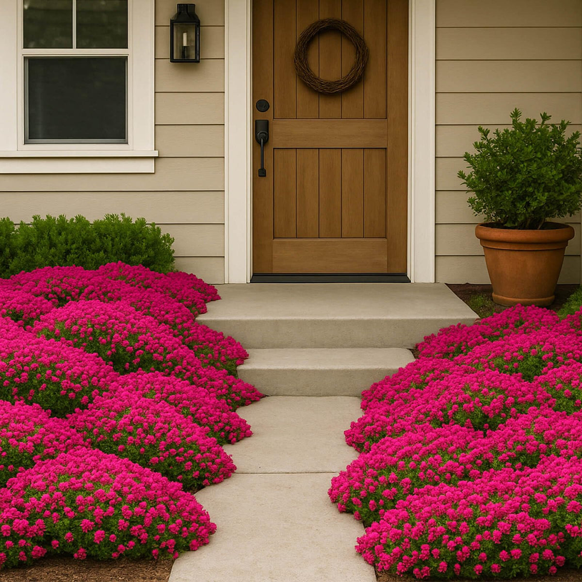 EquSym lavender-red creeping thyme blooms create a fragrant carpet in sun