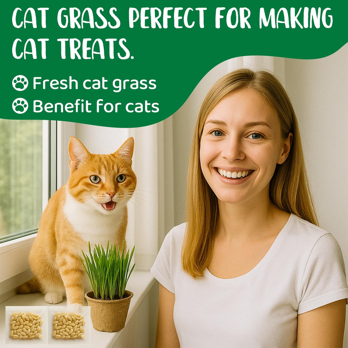 EquSym cat grass seeds kit shows germination steps for quick results.